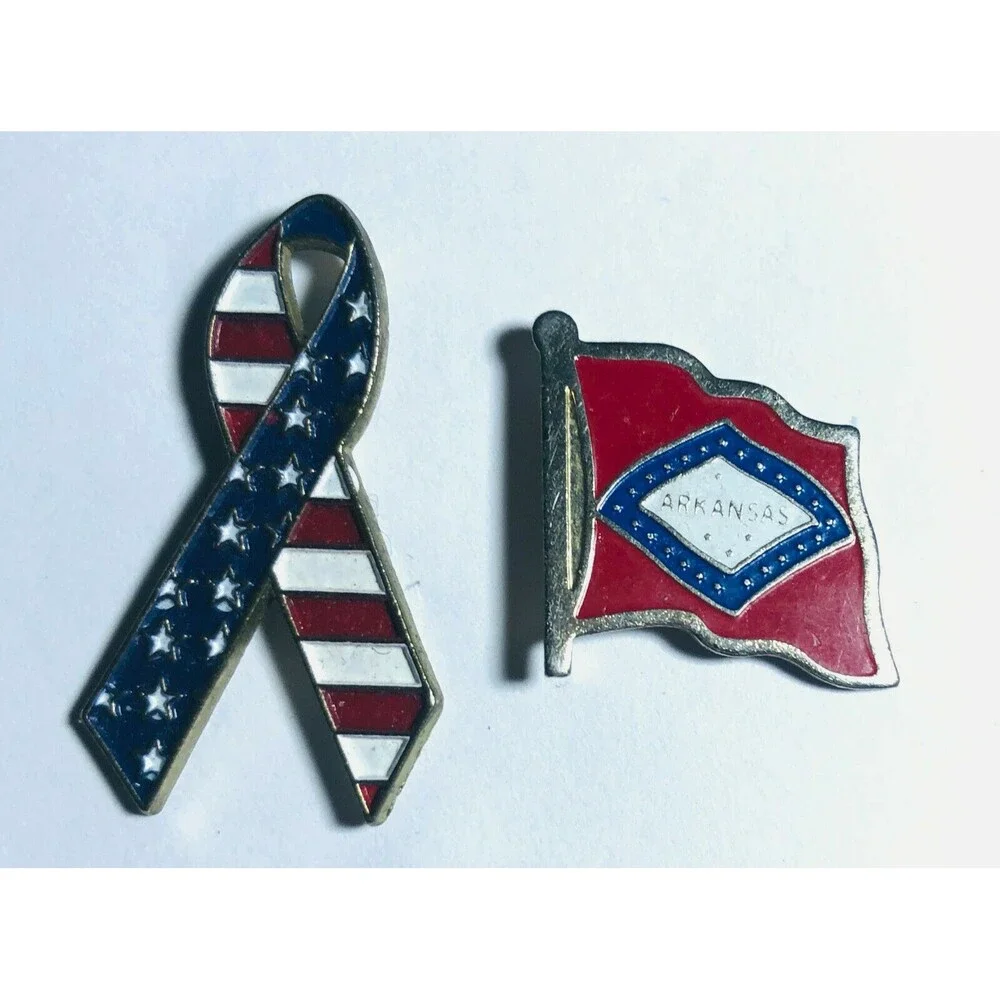 2 Pins   Arkansas State Flag & Ribbon Lapel Pin